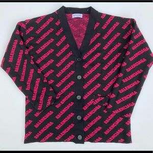 BALENCIAGA All-Over Logo knit Cardigan Sweater Womens S-M black pink